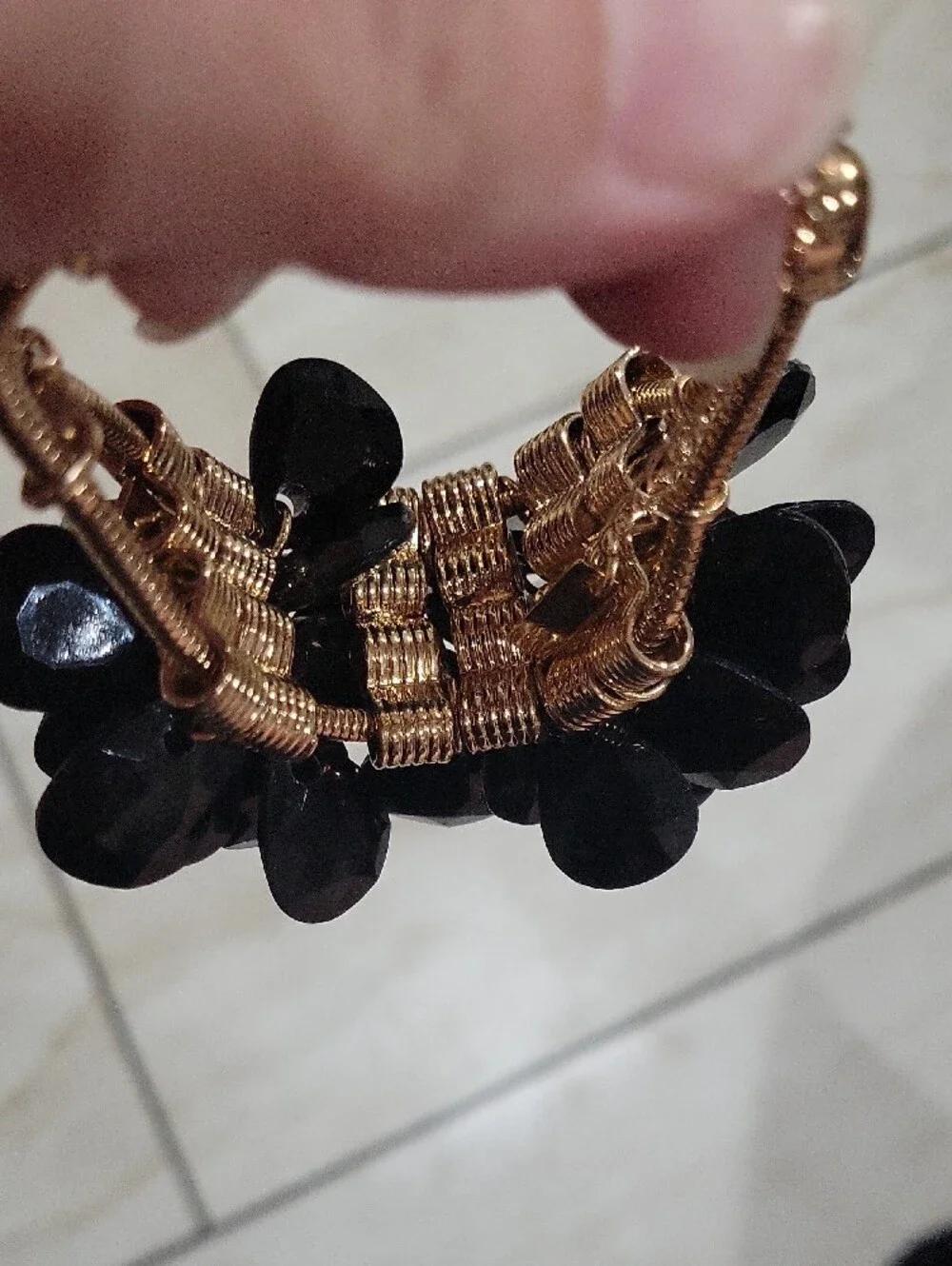 Black Flower Cluster Statement Bracelet with Gold Chain